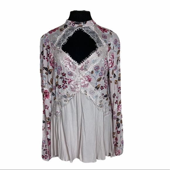Gypsies & Moondust Floral Peasant Top Tan Size M - Picture 1 of 7